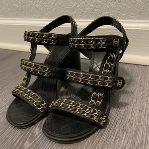Chanel Chain Heeled Sandals Double Chain CC Black Gold Heels Dad Sandal